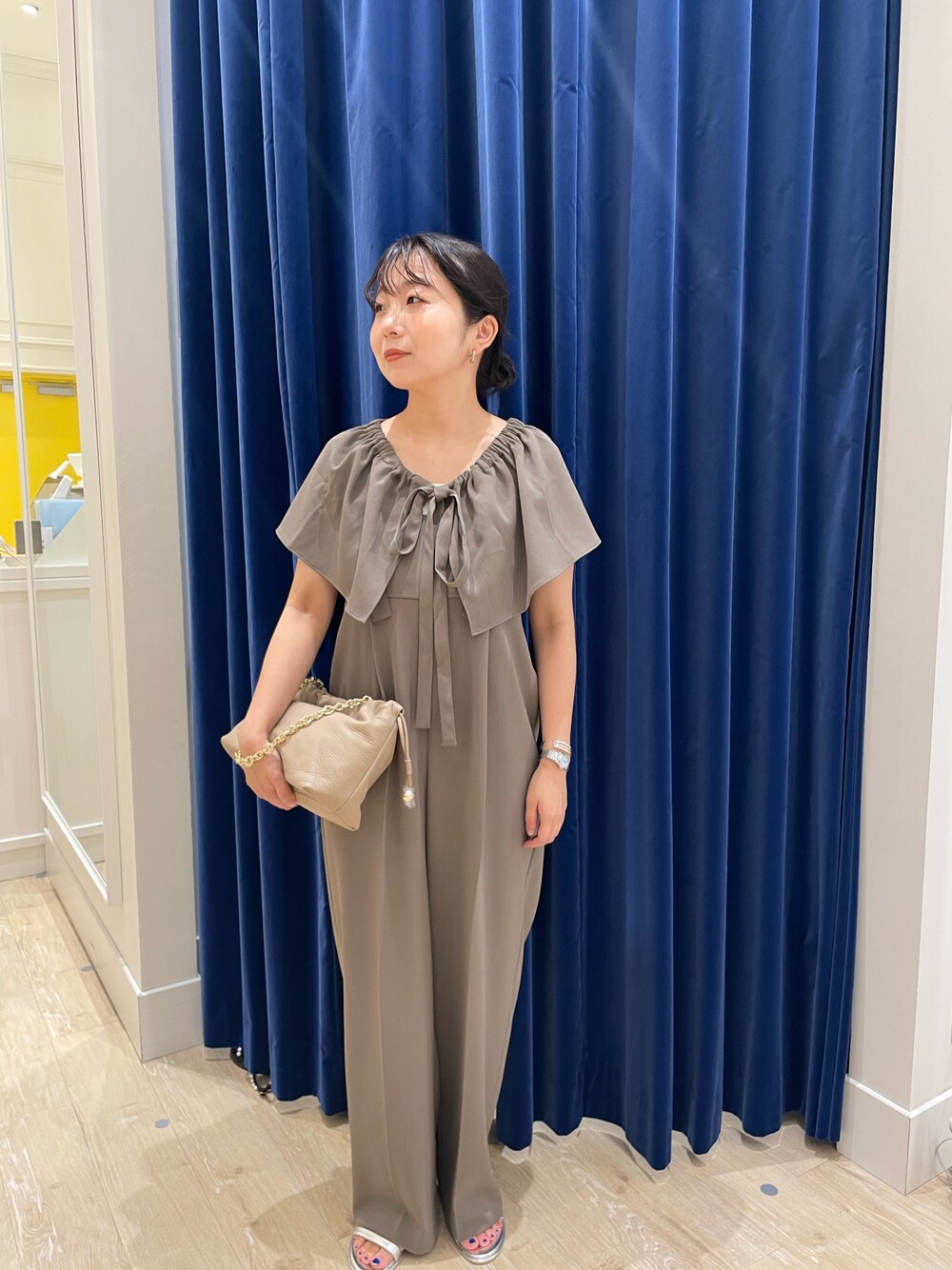 「オールインワン、低身長コーデ、30代コーデ」｜「NOLLEY’Sのウォッシャブルビスチェパーツ付きオールインワン（つなぎ/オールインワン、グリーン系）」を使った、nolhamadaさん（レディース・153cm）の夏コーディネートの1枚目の写真