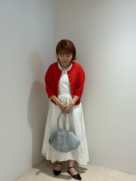 「NOLLEY’S（ノーリーズ）の《手洗い可能》メッシュスパンコール6分袖カーディガン（Cardigans、レッド系）」を使った、nolhamadaさん（レディース・153cm）の春コーディネート