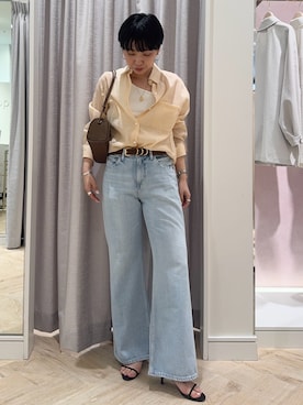 「NOLLEY’S Sophi（ノーリーズソフィ）のウォッシャブルシアーオーガンジー2WAYシャツ（シャツ/ブラウス、オレンジ系）」を使った、nol takemoriさん（レディース・154cm）の春コーディネート