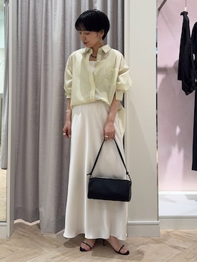 「NOLLEY’S Sophi（ノーリーズソフィ）のウォッシャブルMARSALAシアーストライプ3WAYシャツ（シャツ/ブラウス、イエロー系）」を使った、nol takemoriさん（レディース・154cm）の春コーディネート