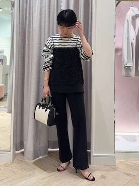 「NOLLEY’S Sophi（ノーリーズソフィ）のウォッシャブルフェザースパンコールチュールキャミブラウス（シャツ/ブラウス、ブラック系）」を使った、nol takemoriさん（レディース・154cm）の春コーディネート