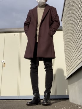 「LIDNM（リドム）のアイテム（チェスターコート）」を使った、りょうすけ　RYMSさん（メンズ・176cm）の冬コーディネート