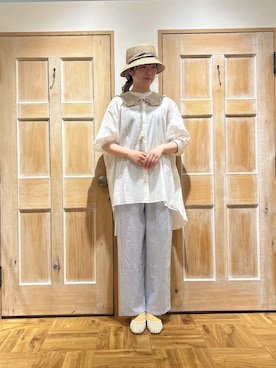 「むぎわら帽子」｜「アイテム（チュニック）」を使った、kahoさん（レディース・169cm）の春コーディネート