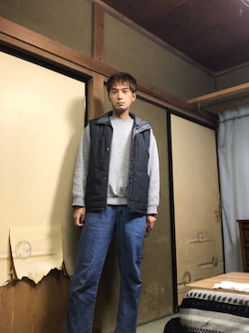 「しまむら（シマムラ）のアイテム（ベスト、ブルー系）」を使った、クワちゃんさん（メンズ・172cm）の秋コーディネート