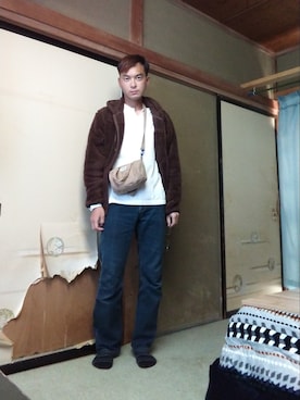 「しまむら（シマムラ）のアイテム（パーカー、ブラウン系）」を使った、クワちゃんさん（メンズ・172cm）の秋コーディネート