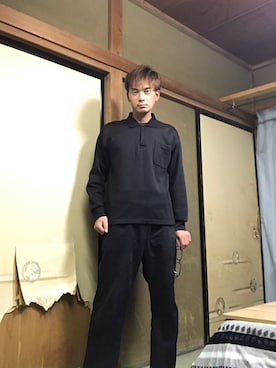 「しまむら（シマムラ）のアイテム（ポロシャツ、ブラック系）」を使った、クワちゃんさん（メンズ・172cm）の秋コーディネート