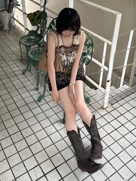 「Featherのアイテム（ブーツ、ブラウン系）」を使った、ちひろさん（レディース・153cm）の夏コーディネート