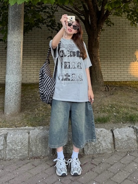 「ハーフパンツ」｜「アイテム（デニムパンツ）」を使った、ちひろさん（レディース・153cm）の夏コーディネート