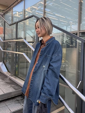 「JEANASIS（ジーナシス）の【みきのすけ企画】ライトオンスデニムシャツ/595523（シャツ/ブラウス）」を使った、みきのすけさん（レディース・160cm）の秋コーディネート