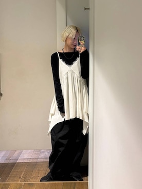 「JEANASIS（ジーナシス）のアシメギャザーボートネックLS/594167（Tシャツ/カットソー、ブラック系）」を使った、みきのすけさん（レディース）の春コーディネート