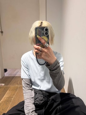 「JEANASIS（ジーナシス）のセミシアーリブヘンリー LS/326122（Tシャツ/カットソー、グレー系）」を使った、みきのすけさん（レディース）の春コーディネート