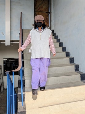 「アイテム（チノパンツ、パープル系）」を使った、みずさん（レディース・153cm）の春コーディネート