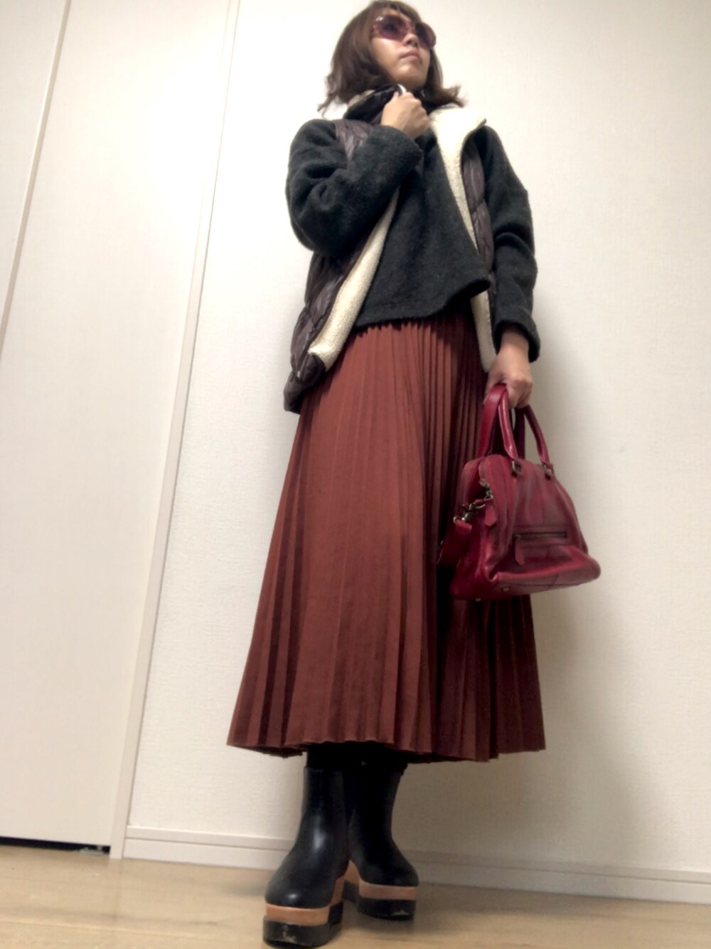 「カジュアルコーデ、大人カジュアル、ラクチンコーデ、ボアジャケット」｜「GUのアイテム（ニット/セーター、ブラック系）」を使った、杏15号さん（レディース・166cm）の秋コーディネートの1枚目の写真