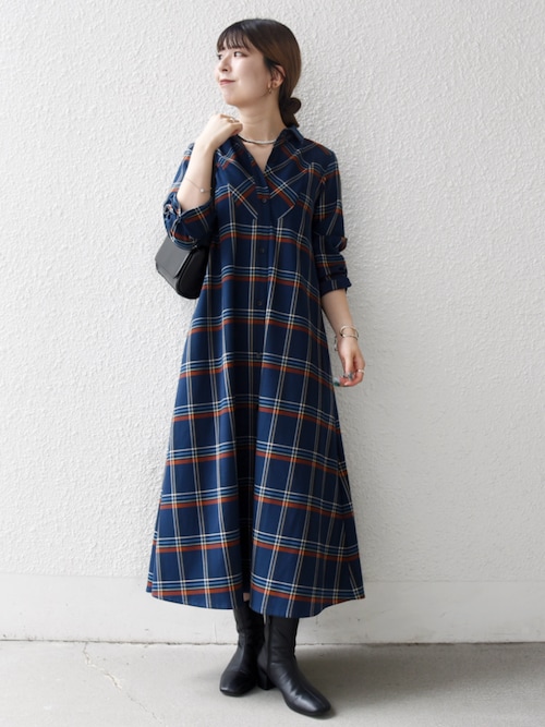 SHIPS any:〈洗濯機可能〉チェック Aライン フレア シャツ ワンピース
