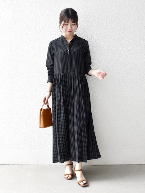 SHIPS any:〈手洗い可能〉ドット バンドカラー プリーツ ロング