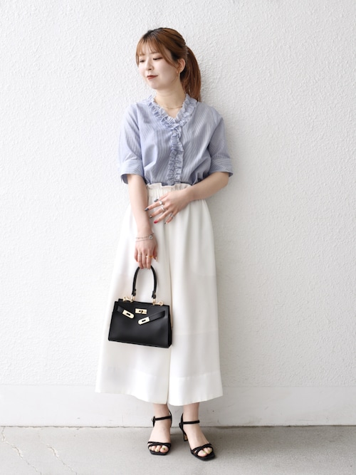 セール】SHIPS any:〈手洗い可能〉ストライプ フリル Vネック