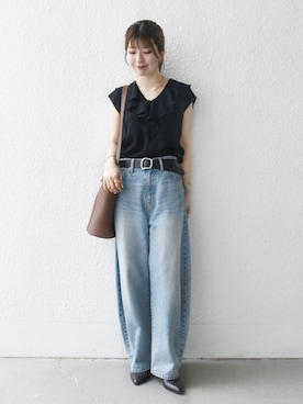 「VELETTO（ベレット）のVELETTO: ポシェット付き 3WAY ワンハンドル バケツ ショルダー バッグ（ショルダーバッグ）」を使った、藤原さん（レディース・162cm）の夏コーディネート