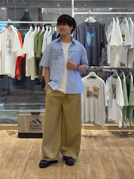 「CIAOPANIC TYPY（チャオパニックティピー）の【UNISEX】【プラスサイズあり】接触冷感配色ステッチカーブパンツ（チノパンツ、ベージュ系）」を使った、はるさん（メンズ・175cm）の夏コーディネート