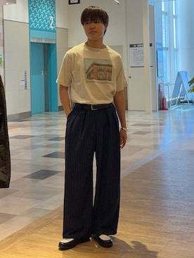 「CIAOPANIC TYPY（チャオパニックティピー）の【UNISEX】タックボリュームワイドスラックスパンツ/サイドラインスラックス（スラックス、ブルー系）」を使った、はるさん（メンズ・175cm）の夏コーディネート