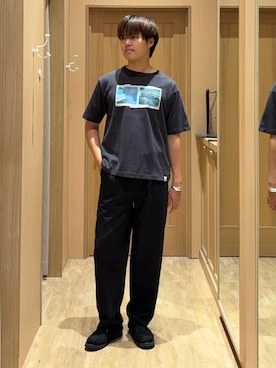 「CIAOPANIC TYPY（チャオパニックティピー）の【ユニセックス】接触冷感/吸水速乾/シアサッカーテーパードパンツ（その他パンツ、ブラック系）」を使った、はるさん（メンズ・175cm）の夏コーディネート