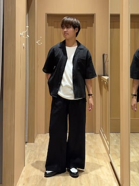 「CIAOPANIC TYPY（チャオパニックティピー）の【UNISEX】シアーオープンカラーシャツ（シャツ/ブラウス、ブラック系）」を使った、はるさん（メンズ・175cm）の夏コーディネート