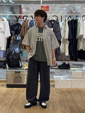 「CIAOPANIC TYPY（チャオパニックティピー）の【UNISEX】ストライプ柄刺繍オーバーシャツ（シャツ/ブラウス、ブラック系）」を使った、はるさん（メンズ・175cm）の夏コーディネート