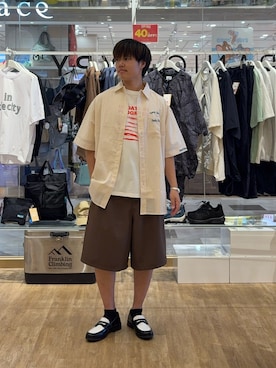「CIAOPANIC TYPY（チャオパニックティピー）の【UNISEX】ストライプ柄刺繍オーバーシャツ（シャツ/ブラウス、ベージュ系）」を使った、はるさん（メンズ・175cm）の夏コーディネート