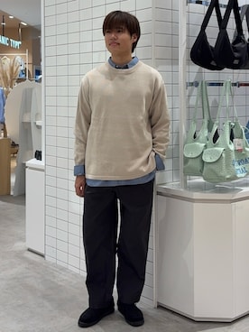 「CIAOPANIC TYPY（チャオパニックティピー）の【洗えるニット】ユニセックス/袖配色/ビックシルエットロンTeeライクニット（ニット/セーター、ホワイト系）」を使った、はるさん（メンズ・175cm）の春コーディネート