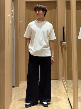 「CIAOPANIC TYPY（チャオパニックティピー）の【ユニセックス】汗染み防止抗菌防臭　半袖TEE（Tシャツ/カットソー、ホワイト系）」を使った、はるさん（メンズ・175cm）の夏コーディネート