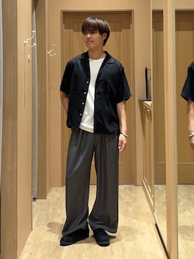 「CIAOPANIC TYPY（チャオパニックティピー）の【UNISEX】タックボリュームワイドスラックスパンツ/サイドラインスラックス（スラックス、グレー系）」を使った、はるさん（メンズ・175cm）の夏コーディネート