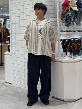 「CIAOPANIC TYPY（チャオパニックティピー）の【ユニセックス】エアリーストレッチワイドパンツ（スラックス、ブラック系）」を使った、はるさん（メンズ・175cm）の夏コーディネート