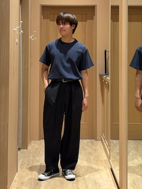 「GEVACO（ゲバコ）の【GEVACO/ゲバコ】ベーシックOE天竺ポケット刺繍Tシャツ（Tシャツ/カットソー、ブルー系）」を使った、はるさん（メンズ・175cm）の夏コーディネート