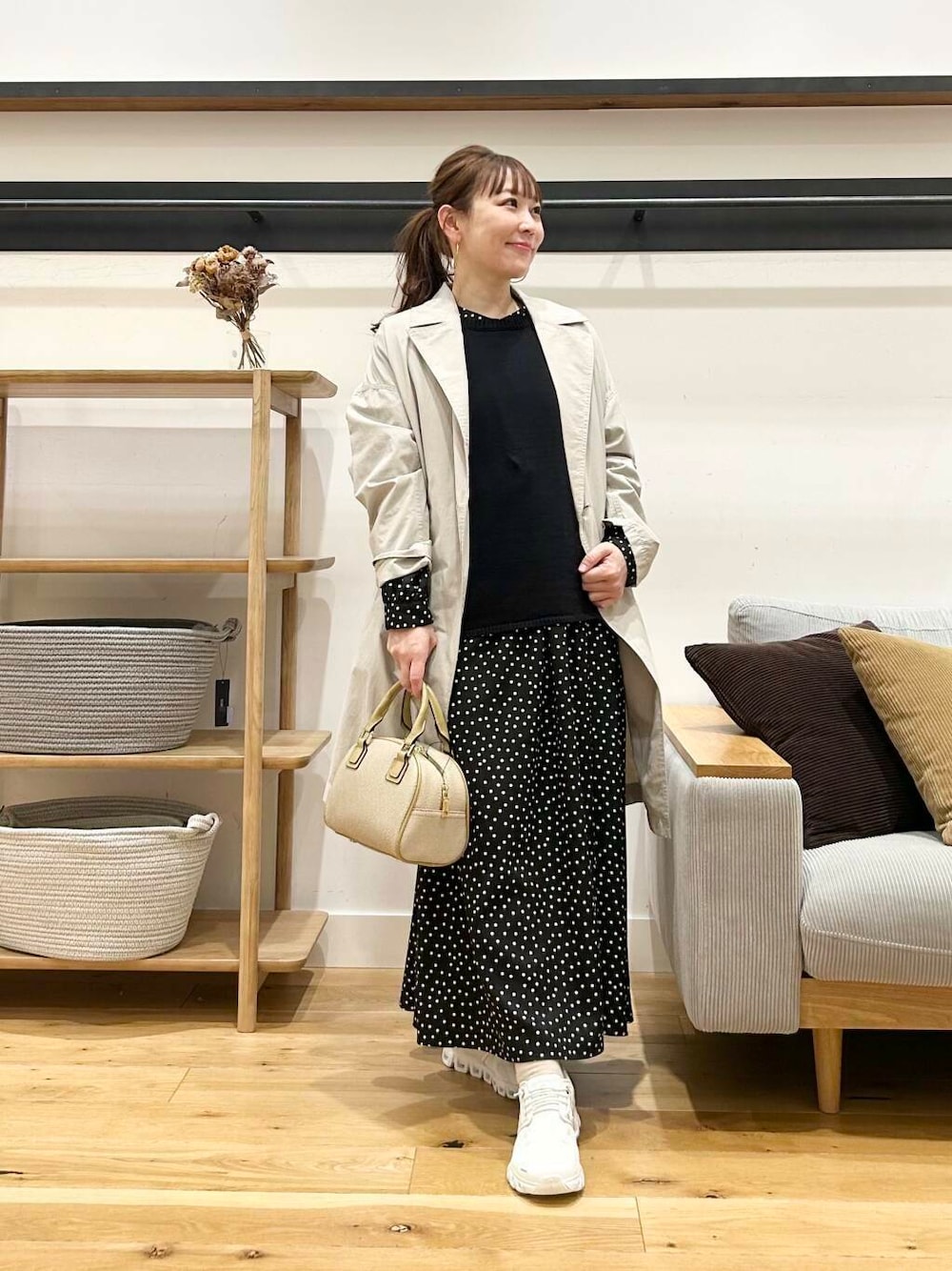 「doors、低身長コーデ、40代、骨格ストレート、イエベ春、ストレート×イエベ春、春アウターコーデ、ストレート×イエベ」｜「FORK&SPOONのFORK&SPOON　オーバーライトミドルコート（その他アウター、ベージュ系）」を使った、+++ゆき+++さん（レディース・151cm）の春コーディネートの1枚目の写真