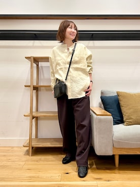 「かぐれ（カグレ）のリネンダブルポケットワイドシャツ（シャツ/ブラウス、イエロー系）」を使った、+++ゆき+++さん（レディース・151cm）の春コーディネート