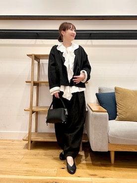 「かぐれ（カグレ）のリネンラミーノーカラージャケット（ノーカラージャケット、ブラック系）」を使った、+++ゆき+++さん（レディース・151cm）の春コーディネート