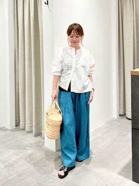 「かぐれ（カグレ）のコットンクロス刺しゅうワイドシャツ（シャツ/ブラウス、ホワイト系）」を使った、+++ゆき+++さん（レディース・151cm）の夏コーディネート