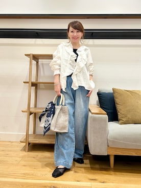 「かぐれ（カグレ）のリネンフリルカラーシャツ（シャツ/ブラウス、ホワイト系）」を使った、+++ゆき+++さん（レディース・151cm）の夏コーディネート