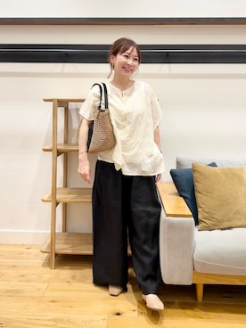 「かぐれ（カグレ）のコットンガーゼ刺繍2WAYブラウス（シャツ/ブラウス、ホワイト系）」を使った、+++ゆき+++さん（レディース・151cm）の夏コーディネート
