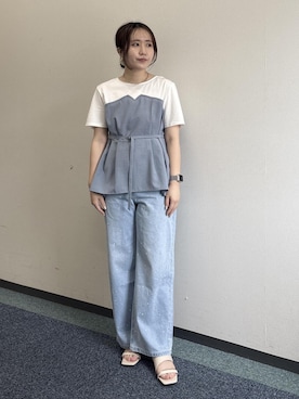 「ROPE' PICNIC（ロペピクニック）の【ちゃんと+かわいい保証】エアリーリネンライク ドッキングカットトップス/UVケア（Tシャツ/カットソー、ブルー系）」を使った、harukaさん（レディース・155cm）の夏コーディネート