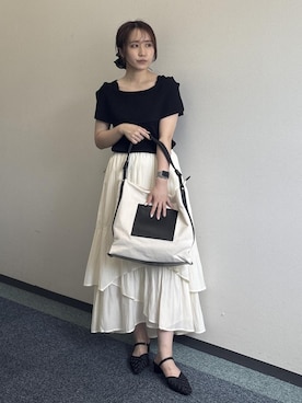 「ROPE' PICNIC（ロペピクニック）のチェックオーガンジーストラップサンダル（サンダル、ブラック系）」を使った、harukaさん（レディース・155cm）の夏コーディネート