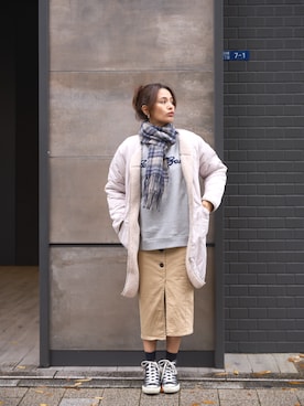 「Eddie Bauer（エディーバウアー）のアイテム（ノーカラーコート）」を使った、eddiebauerofficialさん（レディース・159cm）の冬コーディネート