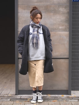 「Eddie Bauer（エディーバウアー）のアイテム（ノーカラーコート）」を使った、eddiebauerofficialさん（レディース・159cm）の冬コーディネート