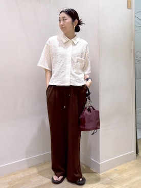 「ROPE' PICNIC（ロペピクニック）の巾着ショルダーバッグ/撥水・3WAY（ショルダーバッグ、レッド系）」を使った、miyajiさん（レディース・157cm）の夏コーディネート