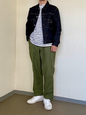 「児島ジーンズのアイテム（デニムジャケット、ブルー系）」を使った、ゴンさん（メンズ・178cm）の春コーディネート