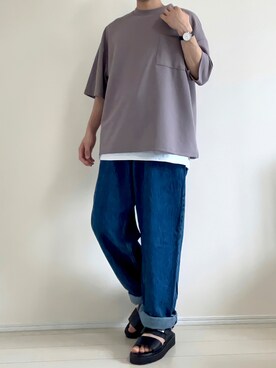 「ETELIO（エテリオ）の【2点セット】梨地ポケット付きクルービッグTシャツ＆ロングタンクトップアンサンブルセット（Tシャツ/カットソー）」を使った、せーやさん（メンズ・166cm）の夏コーディネート