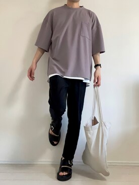 「ETELIO（エテリオ）の【2点セット】梨地ポケット付きクルービッグTシャツ＆ロングタンクトップアンサンブルセット（Tシャツ/カットソー）」を使った、せーやさん（メンズ・166cm）の夏コーディネート