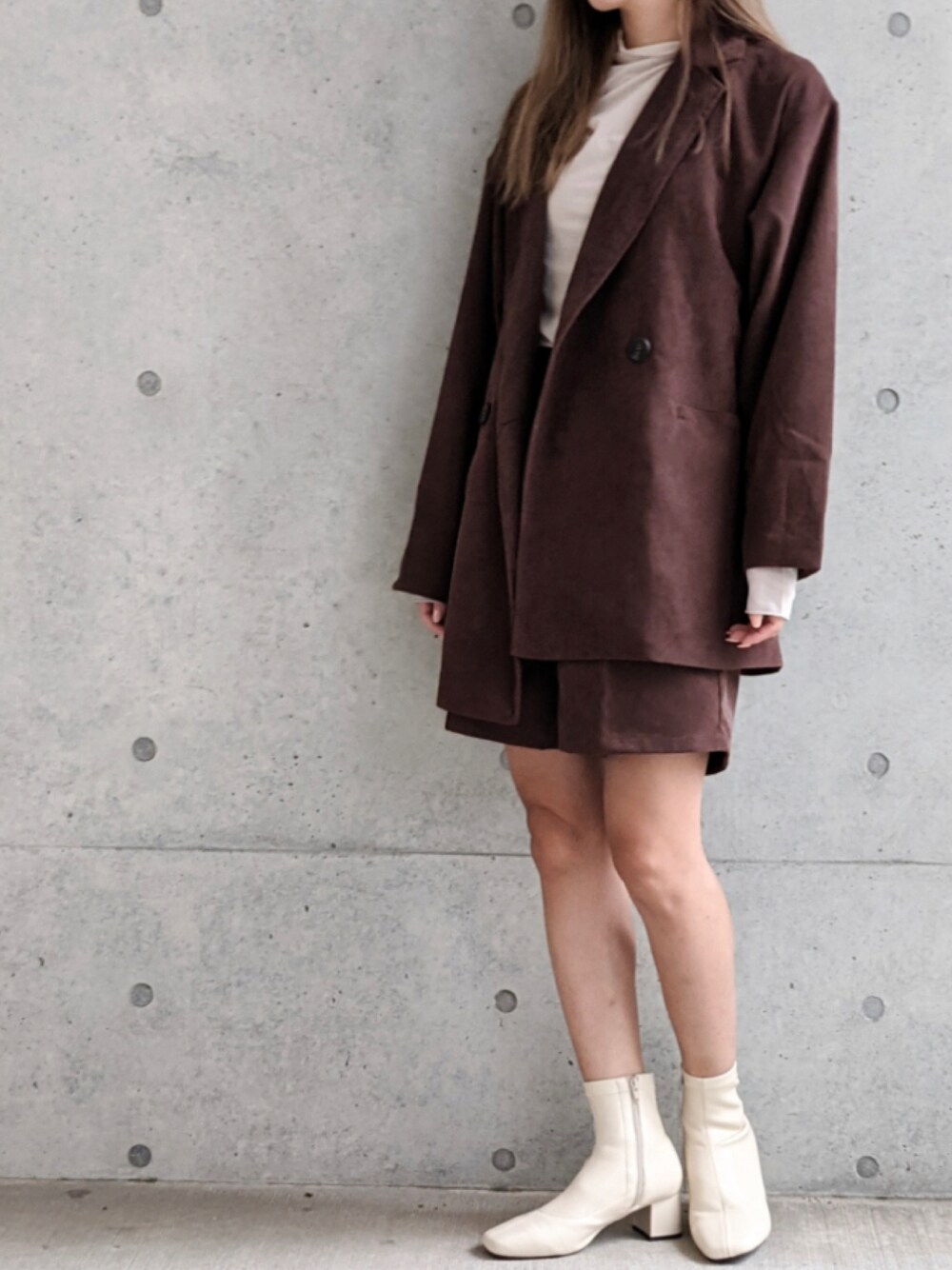 「秋のコーデ、オトナカジュアル、休日スタイル、きれいめカジュアル、休日コーデ、秋、おしゃれさんと繋がりたい、大人女子、セットアップ、プチプラ、プチプラコーデ、ママコーデ、ママファッション、オトナ女子、オトナガーリー」｜「Per sist enceのPer sist ence/パーシエンス　起毛ツイル オーバーサイズジャケット（その他アウター、ブラウン系）」を使った、Per sist enceさん（レディース・162cm）の秋コーディネートの1枚目の写真