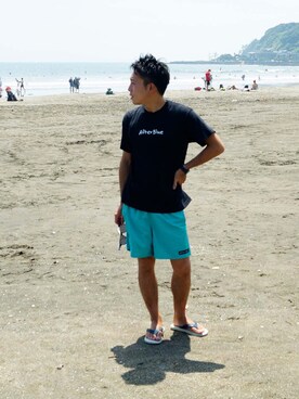 「AfterBlueのアイテム（Tシャツ/カットソー、ブラック系）」を使った、sebanatawさん（メンズ・165cm）の夏コーディネート