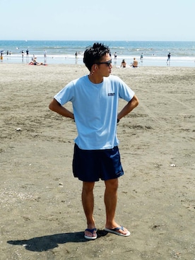 「AfterBlueのアイテム（Tシャツ/カットソー、ブルー系）」を使った、sebanatawさん（メンズ・165cm）の夏コーディネート