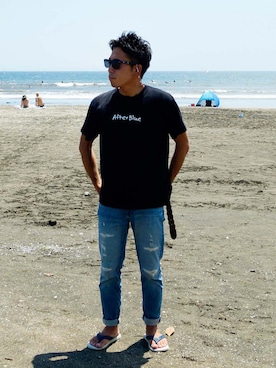 「AfterBlueのアイテム（Tシャツ/カットソー、ブラック系）」を使った、sebanatawさん（メンズ・165cm）の夏コーディネート